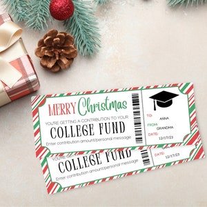 Certificado de regalo de Navidad para fondos universitarios / Vale de regalo para matrícula de vacaciones / Plantilla imprimible de contribución al plan de ahorro para la universidad / Regalo de vacaciones