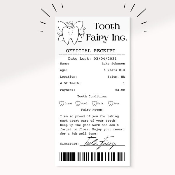 Tooth Fairy Receipt Template | Editable Tooth Fairy Letter | Digital Download | Tooth Fairy Printable | Tooth Fairy Receipt | Kid Printable