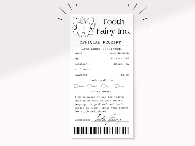 Puede incluir: Un recibo imprimible en blanco y negro para el Hada de los Dientes. El recibo incluye un hada de los dientes de dibujos animados, la fecha de p&eacute;rdida, el nombre, la edad, la ubicaci&oacute;n, el n&uacute;mero de dientes, el pago, la condici&oacute;n de los dientes, notas del hada y una firma. El texto en el recibo dice: "Tooth Fairy Inc. Recibo oficial Fecha de p&eacute;rdida: 03/04/2021 Nombre: Luke Johnson Edad: 6 a&ntilde;os Ubicaci&oacute;n: Salem, MA N&uacute;mero de dientes: 1 Pago: 2,00 &euro; Condici&oacute;n de los dientes: Excelente Bueno Regular Malo Notas del hada: Estoy muy orgullosa de ti por cuidar tan bien tus dientes. Sigue as&iacute; y no olvides cepillarte los dientes. Disfruta de tu recompensa por el buen trabajo. Firma: El Hada de los Dientes"