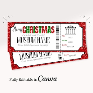 Weihnachts-Museums-Eintrittskarte | Ausdruckbare Museums-Eintrittskarte | Bearbeitbares Kunstmuseum Geschenk | Science Museum Zertifikat | Canva Karte