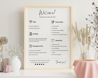 May include: A framed welcome sign with black text on a white background. The sign includes information about wifi, parking, house rules, check out, and emergency information. The sign also includes a five-star rating system.