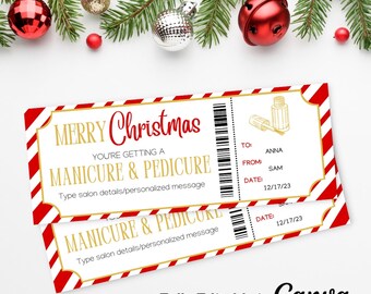 May include: A printable Christmas gift certificate for a manicure and pedicure. The certificate is red and white striped with gold accents and features a nail polish bottle icon. The text reads "Merry Christmas You're getting a manicure & pedicure. Type salon details/personalized message."