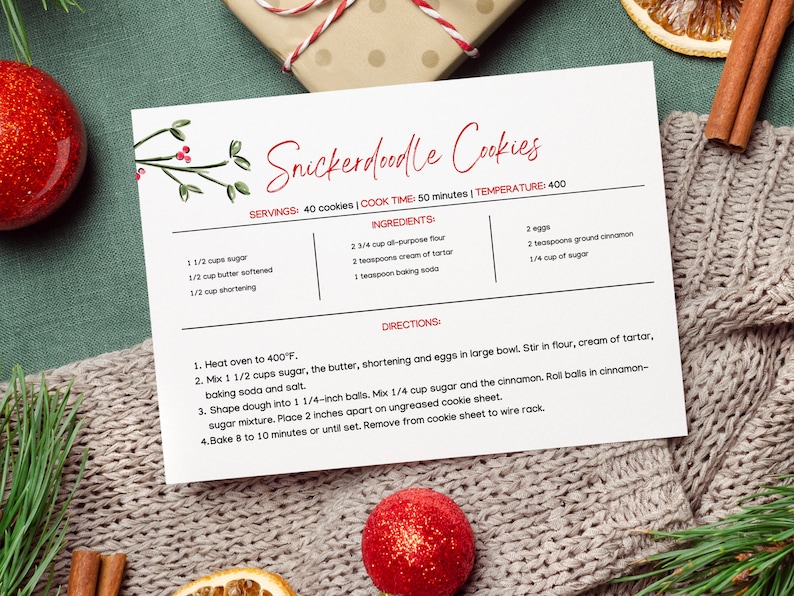 Holiday Recipe Card Template Simple Xmas Recipe Card 6x4 Etsy