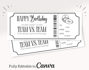 May include: Black and white printable birthday ticket with a football helmet and football graphic. The ticket says "Happy Birthday" and "You're going to see Team vs. Team".
