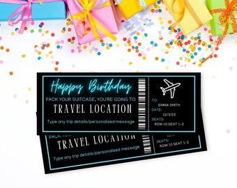 May include: A black and white printable birthday ticket with the text "Happy Birthday" in blue neon lettering. The ticket says "Pack your suitcase, you're going to [Travel Location]" and includes a space to type in trip details or a personalized message. The ticket also includes a mock airplane ticket with the text "To: Emma Smith, Date: 12/3/23, Seats: Row 10 Seat 1-2".