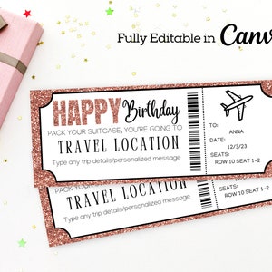 Rose Gold Editable Boarding Pass Template | Printable Airline Ticket | Canva Boarding Pass Surprise Trip | DIY Boarding Ticket |