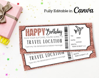 Rose Gold Editable Boarding Pass Template | Printable Airline Ticket | Canva Boarding Pass Surprise Trip | DIY Boarding Ticket |