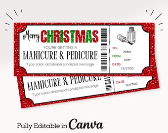 May include: A red and green Christmas gift certificate for a manicure and pedicure. The certificate has a barcode and the text "Merry Christmas You're getting a Manicure & Pedicure Type salon details/personalized message" on the top half. The bottom half has the text "Manicure & Pedicure Type salon details/personalized message" and a date field. The certificate is fully editable in Canva.