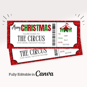Christmas Circus Ticket Template | Carnival Ticket Christmas Gift | Circus Voucher | Surprise Circus Gift Certificate | Surprise Reveal Tick