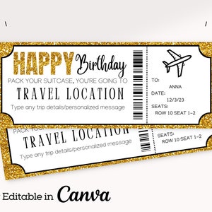 Gold Editable Boarding Pass Template | Printable Airline Ticket | Plane Boarding Pass | Surprise Trip Reveal | Digital DIY Boarding Ticket |