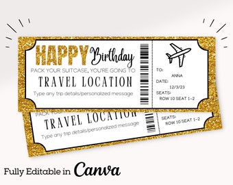 Gold Editable Boarding Pass Template | Printable Airline Ticket | Plane Boarding Pass | Surprise Trip Reveal | Digital DIY Boarding Ticket |