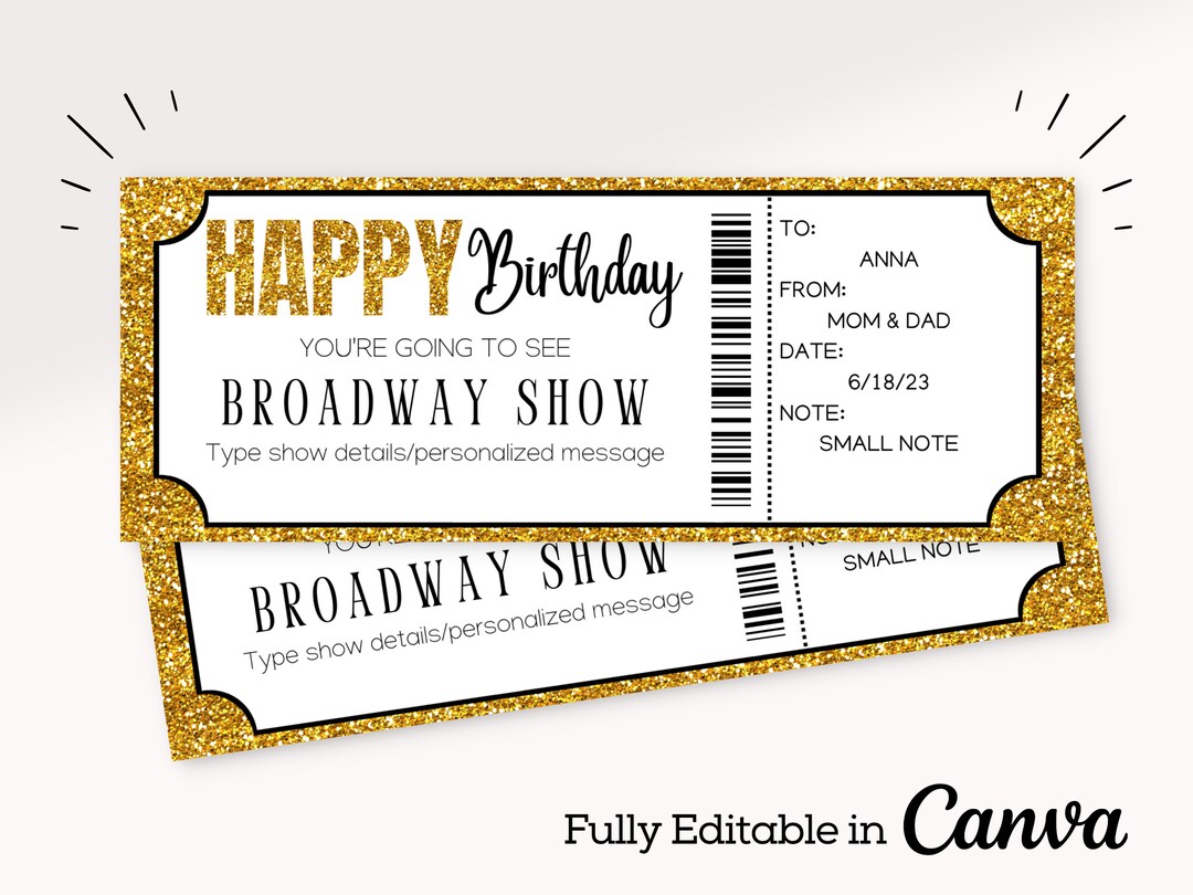 Gold Birthday Broadway Show Ticket Broadway Ticket Gift Musical