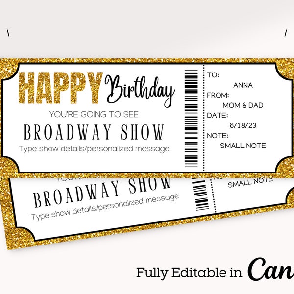 Gold Birthday Broadway Show Ticket | Broadway Ticket Gift | Musical Ticket Coupon | Broadway Ticket Gift | Printable Ticket | Ticket Gift |