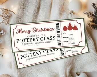 Pottery Class Ticket | Christmas Printable Coupon | Experience Gift Voucher | Date Night Gift | Digital Download | Editable Template