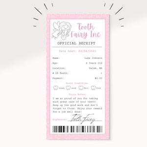 Modèle de reçu rose fée des dents | Certificat de dent perdue rose | Certificat de fée des dents | Lettre de fée des dents girly | Souvenir de mémoire |