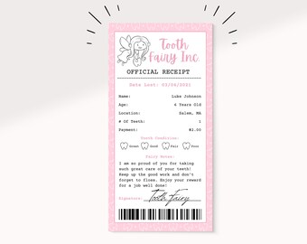 Pink Tooth Fairy Receipt Template | Pink Lost tooth certificate | Tooth Fairy Certificate | Girly Tooth Fairy Letter | Memory Keepsake |