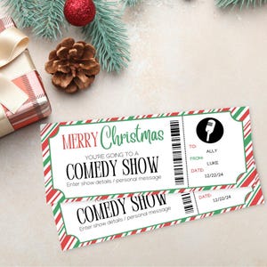 Druckbare Weihnachtskomödie Show Überraschung enthüllen Ticket | Stand-Up Comedian Geschenkgutschein | Bearbeitbare Event Ticket Vorlage | Comic Ticket Geschenk