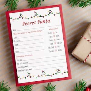 Intercambio de regalos de amigo secreto imprimible / Cuestionario de regalos / Fiesta de trabajo / Lista de regalos / Ideas de regalos de Navidad / Plantilla editable