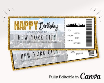 May include: Editable printable birthday ticket with a gold glitter background and a picture of the New York City skyline. The ticket says "Happy Birthday" and "You're going to New York City".