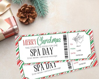 May include: A printable Christmas gift certificate for a spa day. The certificate is red and green with a candy cane stripe pattern. The text reads "Merry Christmas, This coupon is good for one Spa Day. Enter details/personal message."