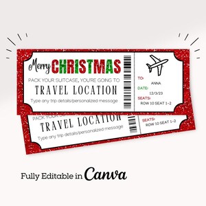Modelo de cartão de embarque de Natal | Bilhete de avião falso para viagem surpresa | Bilhete de destino de voo de avião para presente de Natal para impressão | Bilhete de Natal