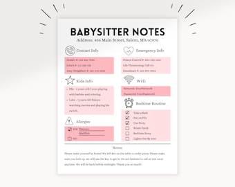Pink Babysitter Information Sheet | Babysitter Checklist | Nanny Notes | Pink Emergency Information Sheet | Instant Download |