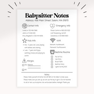 Simple Babysitting Parents Printable | Babysitter&#39;s Information Pages Digital Download | Emergency Info For Nanny | Nanny Cheat Sheet |