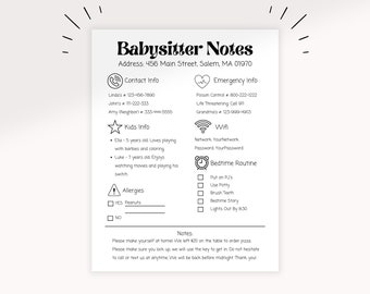 Simple Babysitting Parents Printable | Babysitter's Information Pages Digital Download | Emergency Info For Nanny | Nanny Cheat Sheet |