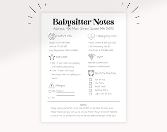 Einfache Babysitter Eltern Printable | Babysitter's Information Seiten Digitaler Download | Notfall-Info für Nanny | Nanny Spickzettel |