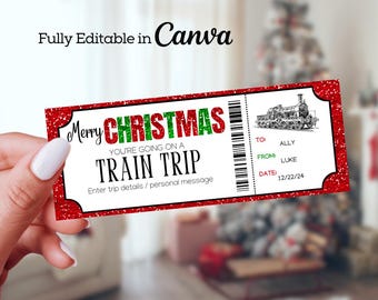 Op de afbeelding: Een kersttreinkaartje met een rode glitterrand. Het kaartje leest "Merry Christmas" in groen en rood, en "Train Trip" in zwart. Het bevat een vintage treinillustratie en velden voor "To", "From" en "Date".