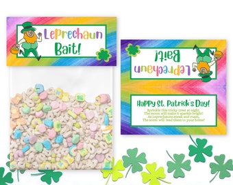 May include: A clear plastic bag filled with colorful Lucky Charms cereal. The bag has a rainbow-colored label that reads "Leprechaun Bait!" and a smaller label that reads "Happy St. Patrick's Day! Sprinkle this tricky treat at night. The moon will make it sparkle bright! As Leprechauns sneak and roam, The scent will lead them to your home!"