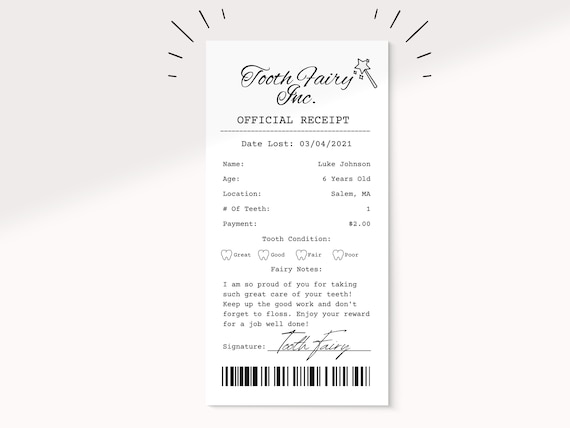 Fancy Tooth Fairy Receipt Template | Tooth Fairy Certificate | Lost tooth certificate | Tooth Fairy Letter | Lost Tooth Printable | Keepsake