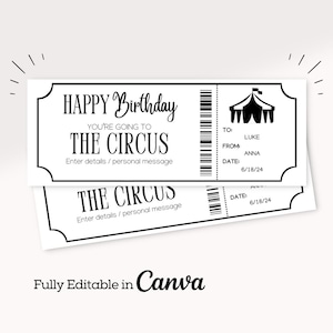 Birthday Circus Ticket Template | Carnival Ticket Birthday Gift | Circus Voucher | Surprise Circus Gift Certificate | Surprise Reveal Tick