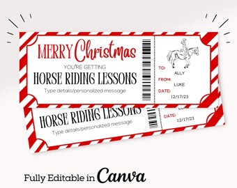 May include: Red and white striped Christmas gift certificate for horse riding lessons. The certificate says "Merry Christmas You're Getting Horse Riding Lessons" and has a space to type details or a personalized message. The certificate also has a space for the recipient's name, the giver's name, and the date. The date is 12/17/23. The certificate has a small illustration of a person riding a horse.