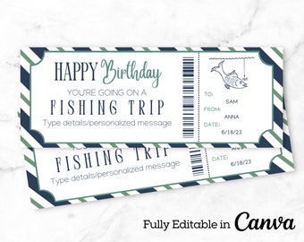 May include: A printable birthday gift certificate with a blue and green striped background. The text reads "Happy Birthday You're Going on a Fishing Trip". The certificate is editable in Canva.