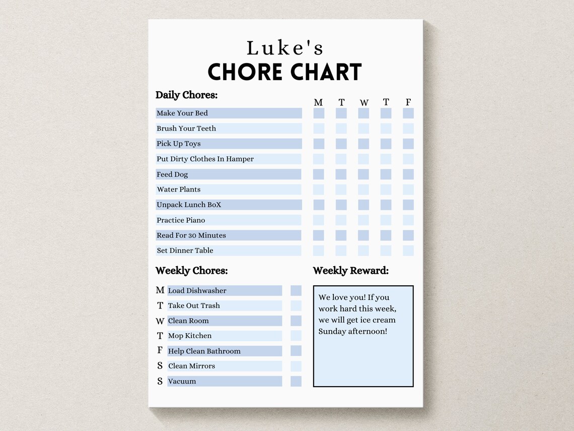 Blue Weekly Daily Chore Chart For Kids Responsibility Chart Etsy Blue weekly daily chore chart for kids responsibility chart etsy