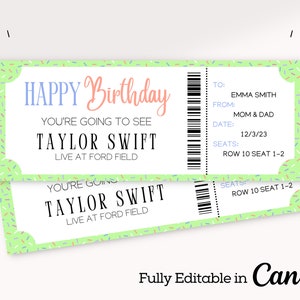 Green Birthday Concert Ticket Template | Gift Certificate | Personalized Event Ticket | Surprise Birthday Gift | Surprise Ticket |