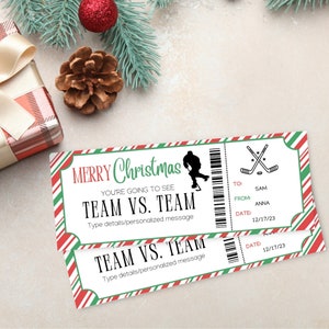 Ingresso para presente surpresa de Natal de ingresso de hóquei | Ingresso surpresa para jogo de hóquei | Modelo de Natal para impressão | Cartão-presente de Natal | Jogo de hóquei |