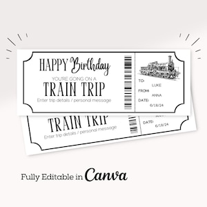 Verjaardag treinkaartje ticket sjabloon | Reiscadeaubon | Afdrukbaar cadeaubon | Trein afdrukbaar cadeau | Sjabloon voor treincertificaat