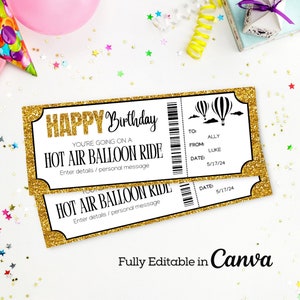 Birthday Hot Air Balloon Ride Ticket | Bday Hot Air Balloon Voucher |  Surprise Ticket | Printable Gift Voucher | Canva Ticket Printable |
