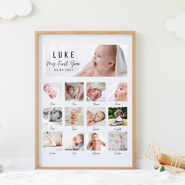 First Year Photo Collage Template | 12 Month Photo Collage | 1st Birthday Collage | Baby Photo Poster | Minimal Milestone Poster |
