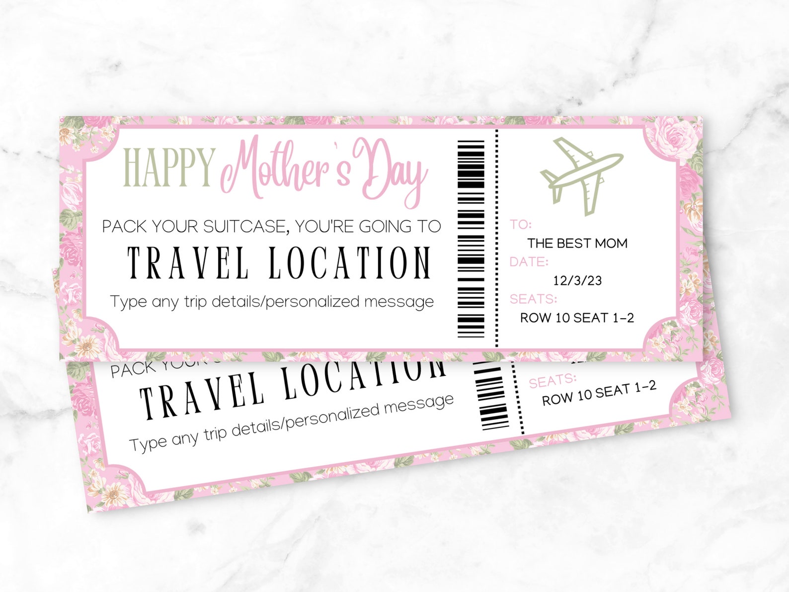 Custom Pass Tickets Mother's Day Editable Boarding Pass Template | Airline Ticket Canva ...