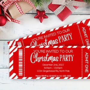 K&ouml;nnte beinhalten: Rote und wei&szlig;e gestreifte Ticket-Einladung zu einer Weihnachtsfeier. Der Text lautet "Sie sind eingeladen zu unserer Weihnachtsfeier" mit Datum, Uhrzeit und Ort. Der Text lautet auch "Bitte melden Sie sich bis zum 12/10/22 unter 111-222-3333 an".