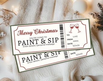 Paint and Sip Ticket | Christmas Printable Experience Gift Voucher | Wine & Painting Class Coupon | Digital Download | Editable Template