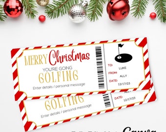 Christmas Golf Ticket Template | Christmas Sport Ticket | Golf Trip Gift Ticket | Surprise Game Ticket | Holiday Voucher Certificate |