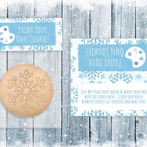 May include: A snowflake-shaped sugar cookie with edible paint and a paintbrush for decorating. The package includes instructions to "Paint Your Own Cookie!" and says to "Just wet your paint brush in water then mix with the edible paint. Clean your brush between colors! Get creative and have fun!"