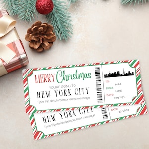 Kerstticket voor instapkaart voor New York City | Afdrukbaar vliegticket reis onthullen | Afdrukbaar kaartje | Verrassing NY-reisticket |