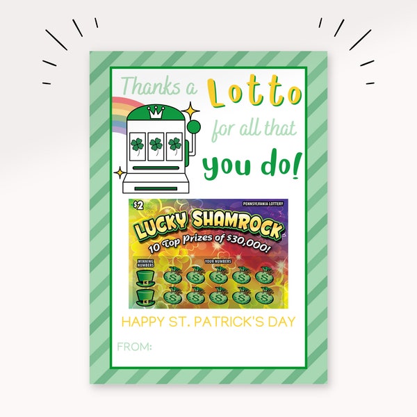 Thanks A Lotto Scratch Off Game Holder | Printable St. Patrick's Day Lottery | Teacher Appreciation | Thank You Gift | St. Patty Gift |