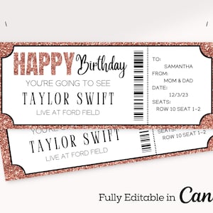 Rose Gold Birthday Concert Ticket Template | Editable Event Ticket Canva Template | Custom Concert Ticket Gift | Printable Concert Tickets |