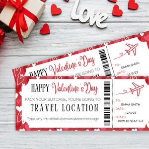 Valentines Day Editable Boarding Ticket Template | Surprise Airline Gift | Invitation Gift | Vacation Ticket | Pink & Red | Downloadable